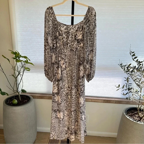 All Saints Amara Laertes Midi Dress Grey Ecru Cheetah 4 NWT Spring Neutral Chic - Picture 7 of 8